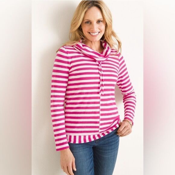 Chico’s Zenergy pink/white striped mixed drawstring cowl cotton top Size 1(8/10) - Picture 1 of 7